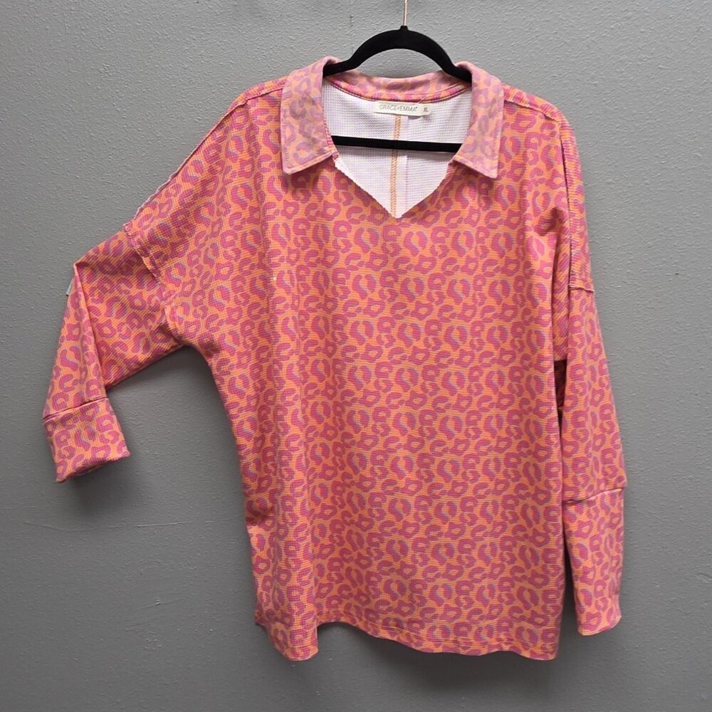 Grace + Emma Sweater Womens XL Pink Orange Leopard V Neck Waffle Knit Pullover